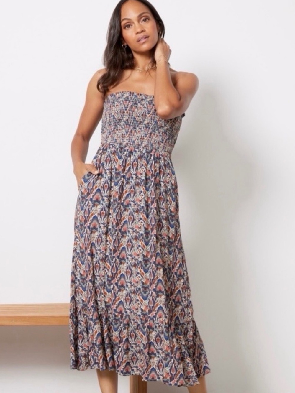 Evereve Laine Smocked Strapless Multikat Print  Midi Dress Size Medium Ikat